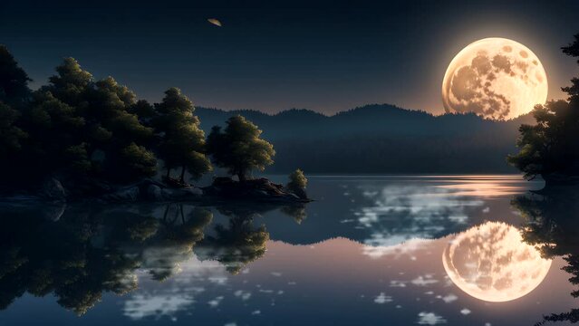 stunning nighttime views with the big moon over the tranquil lake,  Seamless looping 4k time-lapse animation video background