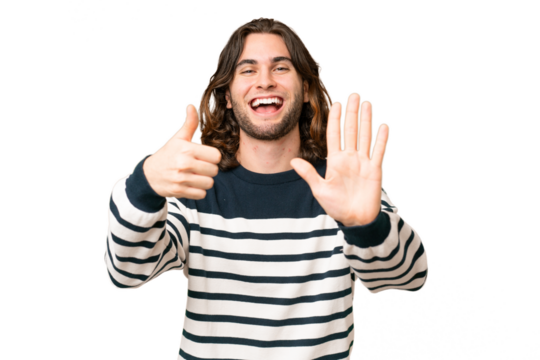 Young handsome man over isolated background counting six with fingers
