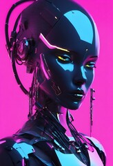 Futuristic humanoid robot, android, AI, female, head, navy blue, pink, plain background