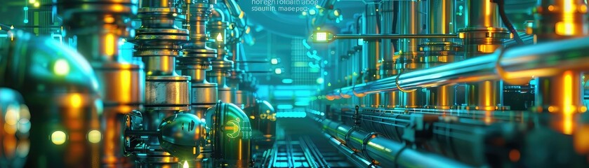 Futuristic factory powered by green energy with robots and holographic social impact data, vibrant colors, Steampunk, 3D Illustration.