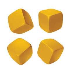 Gold realistic 3d cube. Icon in flight closeup isolated on white background. Vector illustration.