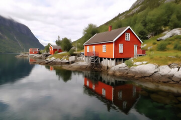 Red house by lake shore