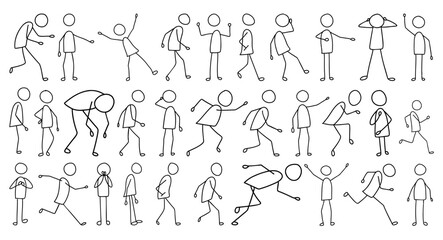 Collection of Hand-Drawn Stick Figures Doodle in Various Poses and Movements, Stick figures doodle