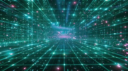 Generate an otherworldly photo featuring a digital science fiction matrix background illuminated by a perspective laser grid, evoking a sense of technological advancement.