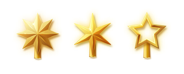 Christmas gold tree topper vector. 3d realistic golden star decoration in deco style, decorative traditional shiny design for top of Xmas pine tree in winter season isolated on white.