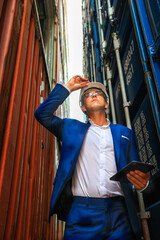 Businessman in containers yard background. Shipping import export industry Logistics business.