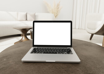 laptop copy space mock up with blank screen on living room, boho styled interior design aesthetic for blog, web, social media template