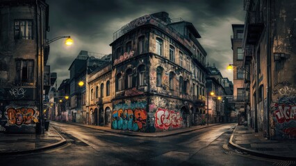 Obraz premium seamlessly blending old and new architectural styles. The buildings, decorated with vibrant graffiti