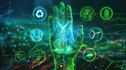 Hand in a digital interface with icons for renewable energy and carbon reduction, clean energy emphasis, futuristic style, neon green and blue, detailed illustration