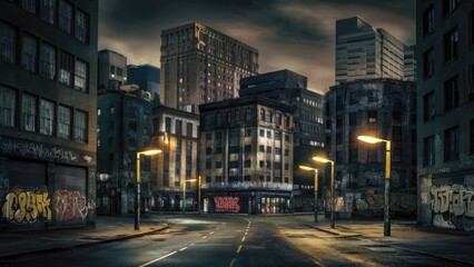 Fototapeta premium An empty illuminated asphalt road through the old historical buildings and houses in a fog at night. Street lights