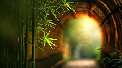 Obraz premium Serene bamboo forest with sunlight filtering through a tunnel, creating a peaceful and tranquil natural scene.