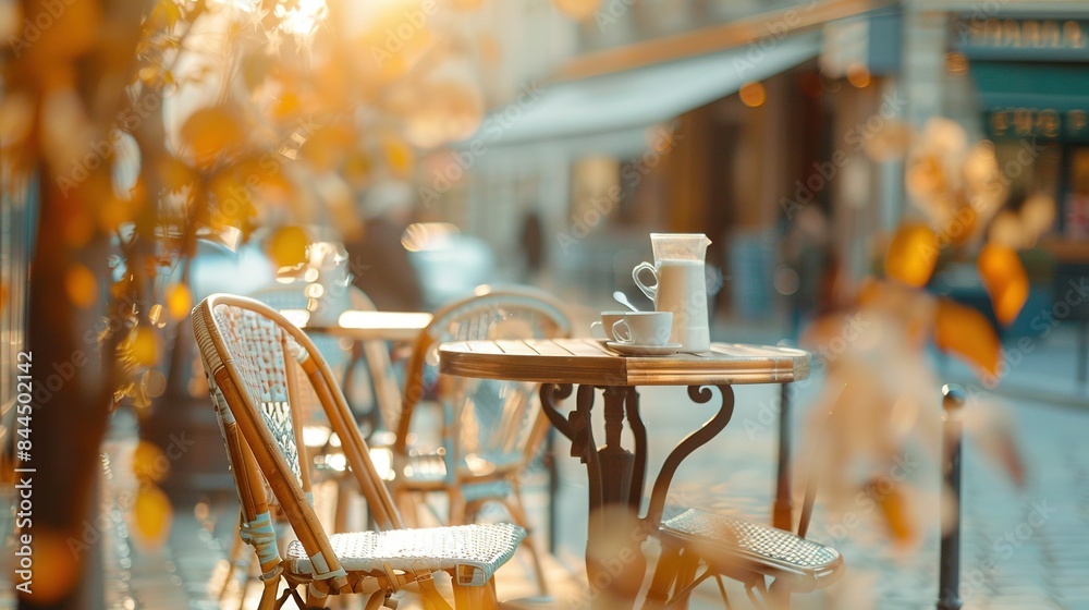 Poster a table with two chairs and a cup of coffee on it is displayed on the sidewalk