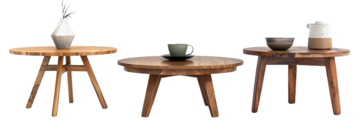 set of 3 stylish coffee tables isolated on white, transparent background