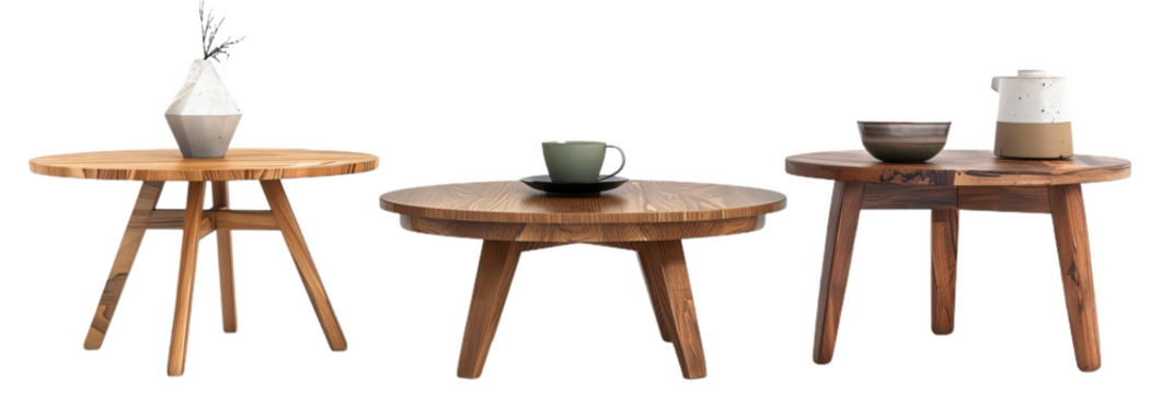 set of 3 stylish coffee tables isolated on white, transparent background