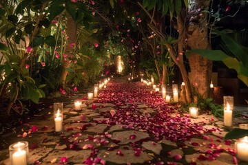 A pathway strewn with falling maroon and pink rose petals leading to a candlelit area for a proposal or intimate gathering