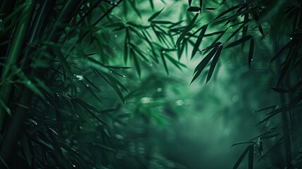 Fototapeta premium Serene bamboo forest with lush green leaves and soft natural light, creating a peaceful and tranquil atmosphere.