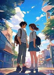 illustration of a boy falling in love with a girl. cartoon and anime style