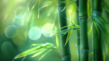 Serene close-up view of bamboo stalks with lush green leaves, surrounded by soft bokeh background, creating a peaceful and natural atmosphere.