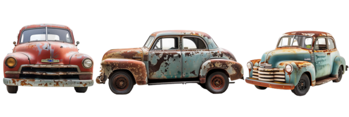 set of 3 rusty, vintage clunker cars, cutout isolated on white and transparent png background