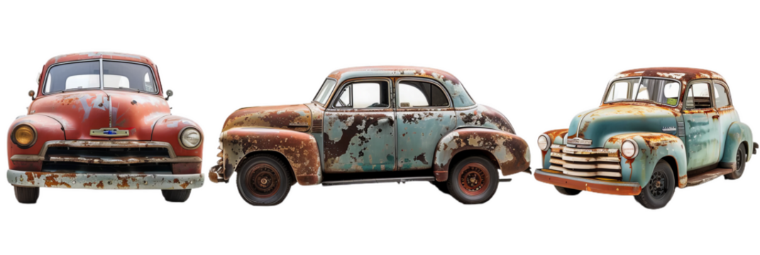 set of 3 rusty, vintage clunker cars, cutout isolated on white and transparent png background