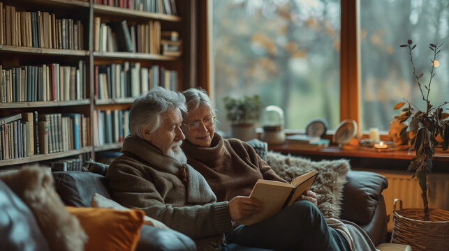 happy mature couple enjoying a peaceful time reading books together