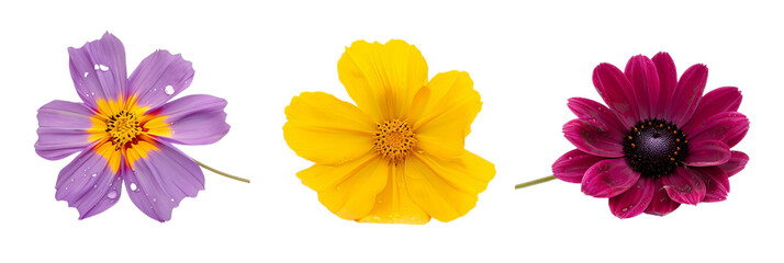 set of 3 colorful blooming flowers isolated on white and transparent background