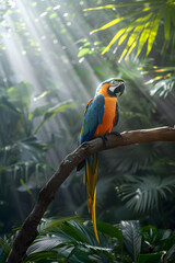 Vibrant Parrot Perched in a Tropical Rainforest Setting