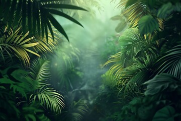 Mystical fog amongst vibrant green foliage in a dense jungle scene