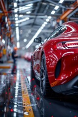 Fototapeta premium Red sports car on assembly line