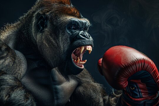 A gorilla with an aggressive expression wears red boxing gloves, ready to fight
