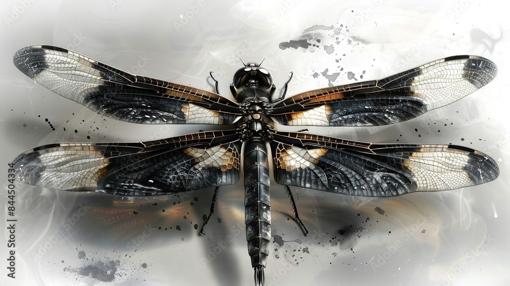 Poster a monochrome dragonfly perched on a dual-colored background with a splash of color on its wings