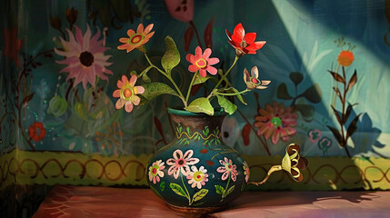   A vase with flowers sits atop a table beside a wall adorned with a flower painting