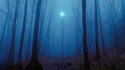   A dense, misty forest brimming with numerous trees and an illuminated streetlight amidst the darkness