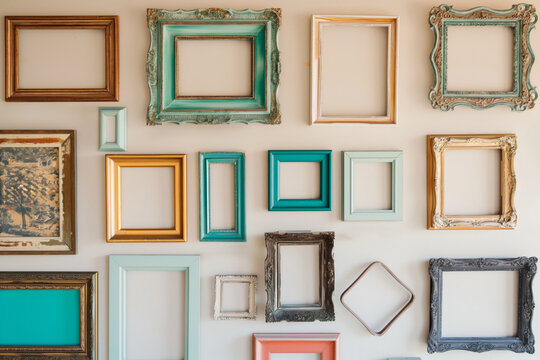 Diverse collection of empty wooden picture frames on a gallery wall, showcasing an eclectic mix of vintage and contemporary styles