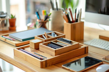 Wooden desk organizer holds pens, pencils, and office supplies, creating a tidy and efficient workspace with modern tech and plants