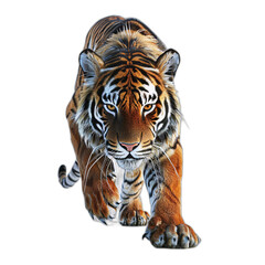 Obraz premium A realistic 3D tiger with striped fur and sharp eyes, prowling on a white background