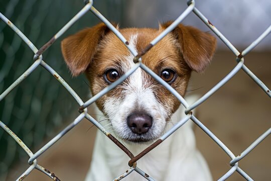 Dog looking through fence at animal shelter