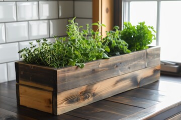 Beautifully crafted wooden planter box sits on a kitchen countertop, nurturing an assortment of fresh, green indoor herbs