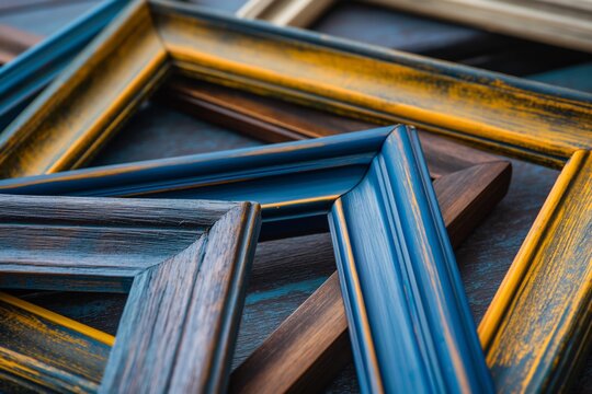 Closeup view of a collection of elegant wooden picture frames with intricate designs and varying textures piled together