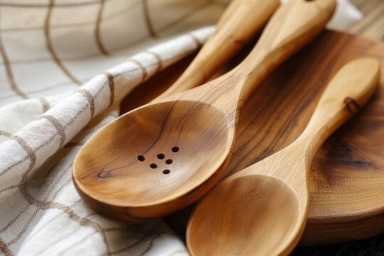 Closeup photo spotlighting a set of wooden spoons on a linen cloth, blending functionality with a touch of classic kitchen elegance