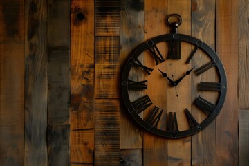 Classic black wooden wall clock adds a timeless touch to the rustic dark wood panel backdrop with ambient lighting