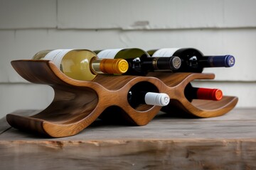 Stylish wooden wine bottle holder with three bottles of wine, showcased on a white rustic background with warm lighting