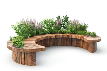Modern wooden garden bench in curved shape adorned with lush green plants. Perfect for outdoor spaces and landscaped gardens. Sustainable and organic design for urban living enthusiasts. Generative AI