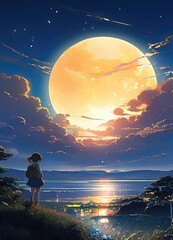 illustration of a lone person at night by moonlight in anime and cartoon style.
