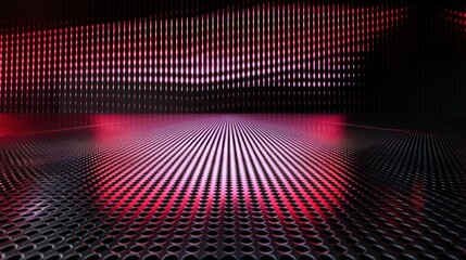 Fototapeta premium Produce a sleek and modern photo featuring abstract red and black light patterns with a gradient, set against a dark metal-textured floor and wall.