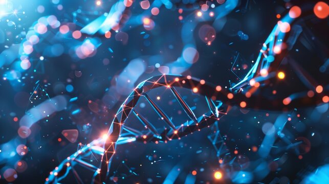 DNA double helix on blur blue background, like microscope view. 16-9 wallpaper