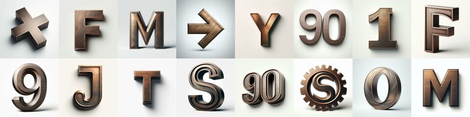 Brushed Bronze metal Lettering Typeface. AI generated illustration
