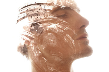 A profile paintography of a man with eyes closed merged with brush strokes