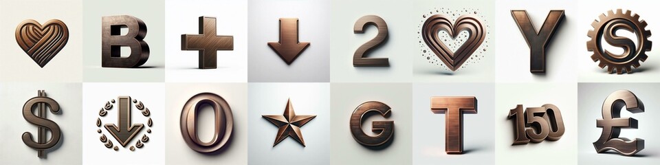 Brushed Bronze metal Lettering Typeface. AI generated illustration
