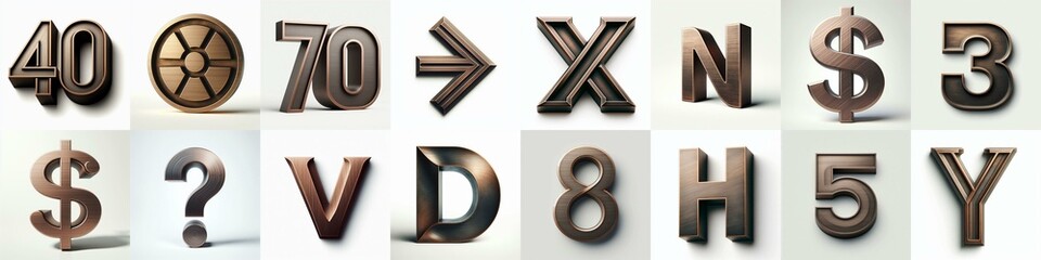 Brushed Bronze metal Lettering Typeface. AI generated illustration